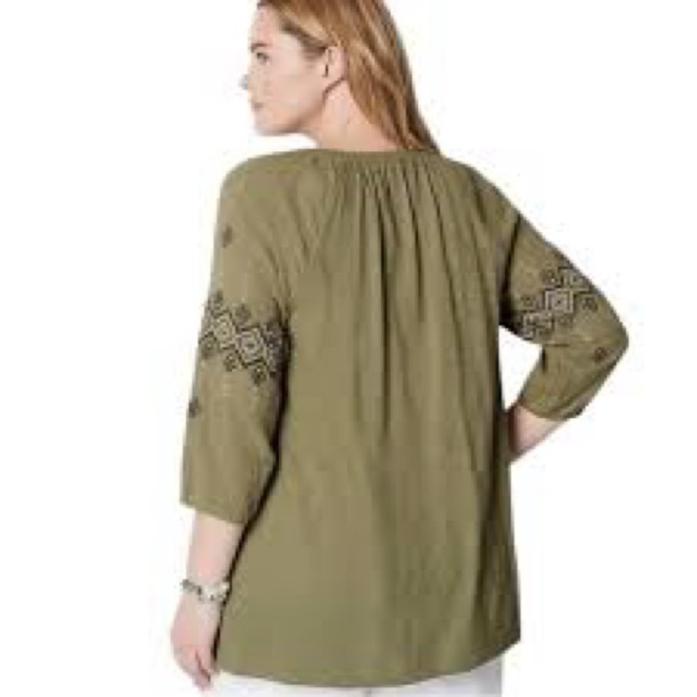 J.Jill Olive Green Embroidered Peasant Tunic Blouse Medium Tall 🌿 Boho Cotton - Picture 3 of 13